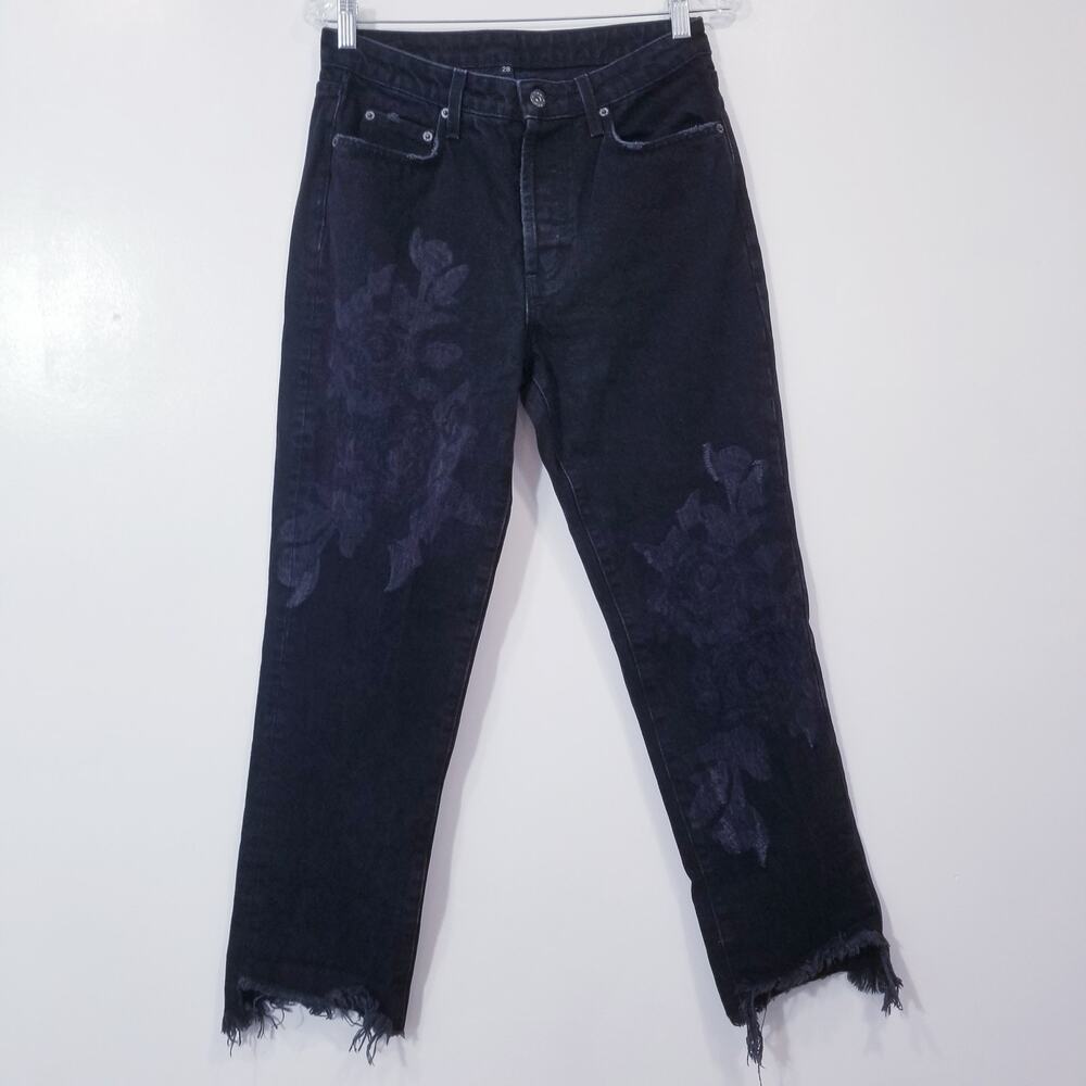 CARMAR Floral Print Black Denim Button-fly Frayed Hem